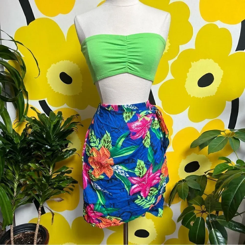Vintage 80s / 90s Neon Tropical Hawaiian Tiki 3 piece Beach Vacation Skirt Set